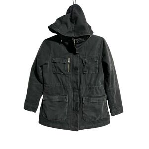 Steve Madden black utility coat with zippered hood lots of pockets woman medium